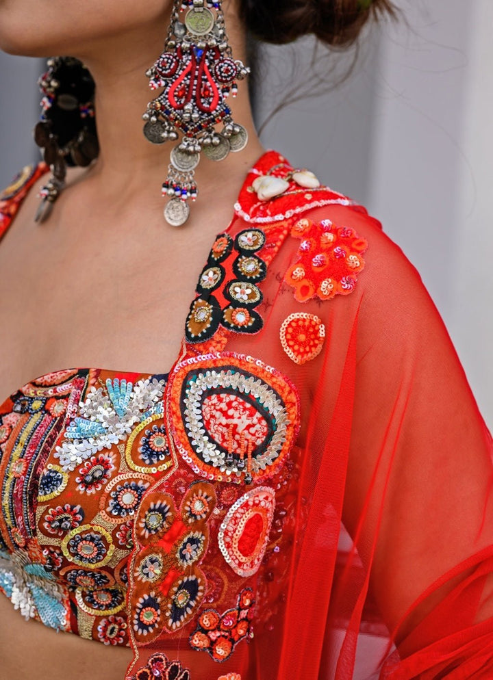 Red Printed Satin Lehenga Set With Sequin - Embroidered Blouse Juhi Bengani - Fabilicious Fashion