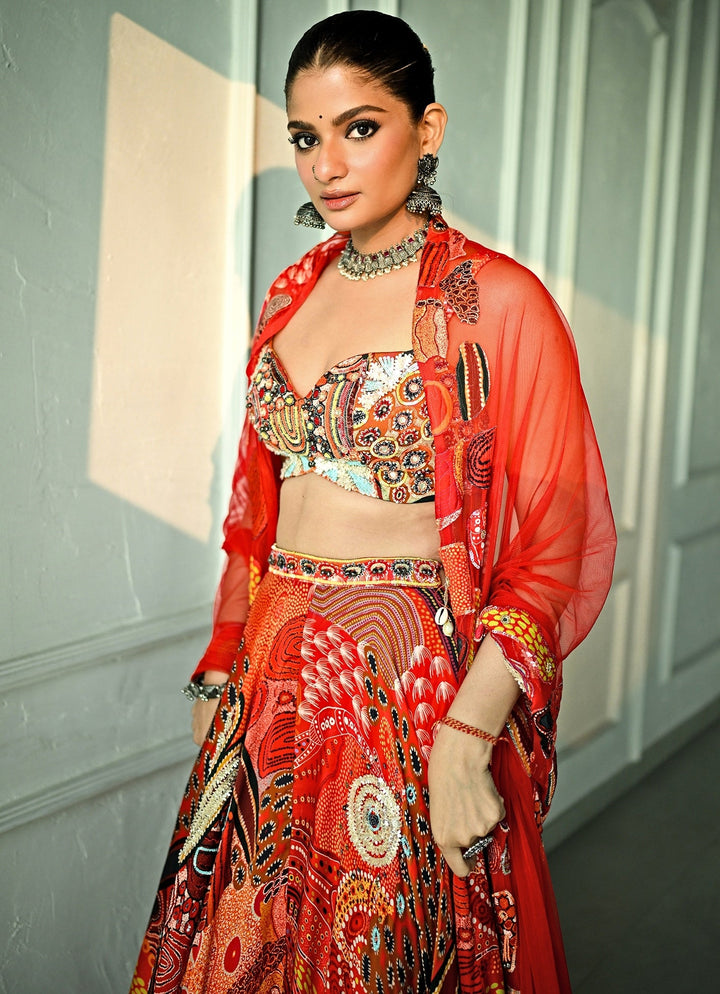 Red Printed Satin Lehenga Set With Sequin - Embroidered Blouse Juhi Bengani - Fabilicious Fashion