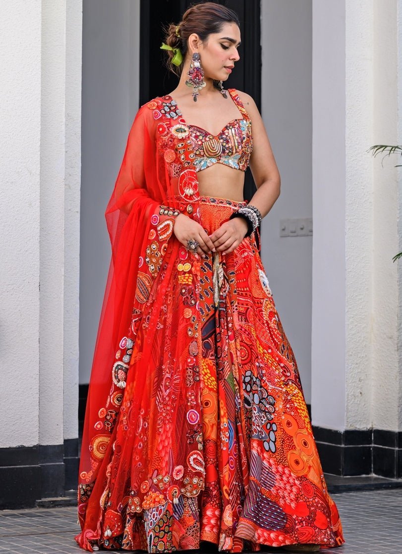 Red Printed Satin Lehenga Set With Sequin - Embroidered Blouse Juhi Bengani - Fabilicious Fashion
