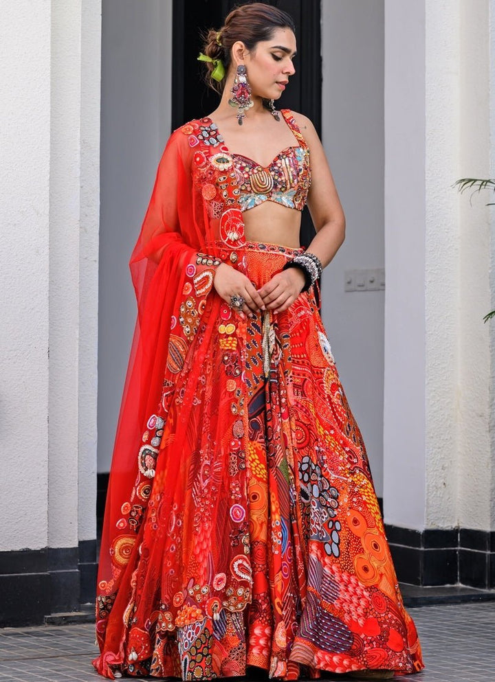 Red Printed Satin Lehenga Set With Sequin - Embroidered Blouse Juhi Bengani - Fabilicious Fashion