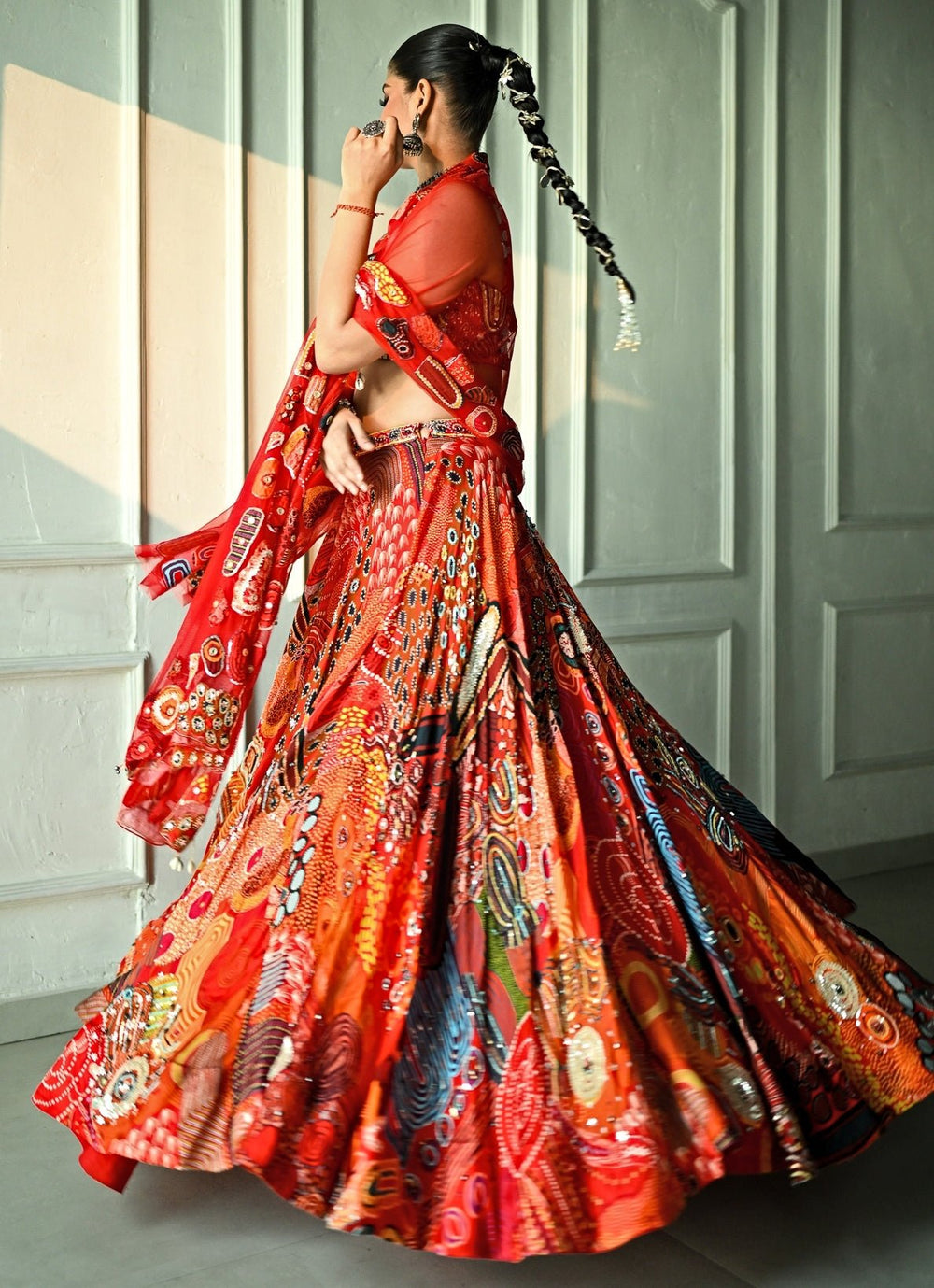 Red Printed Satin Lehenga Set With Sequin - Embroidered Blouse Juhi Bengani - Fabilicious Fashion