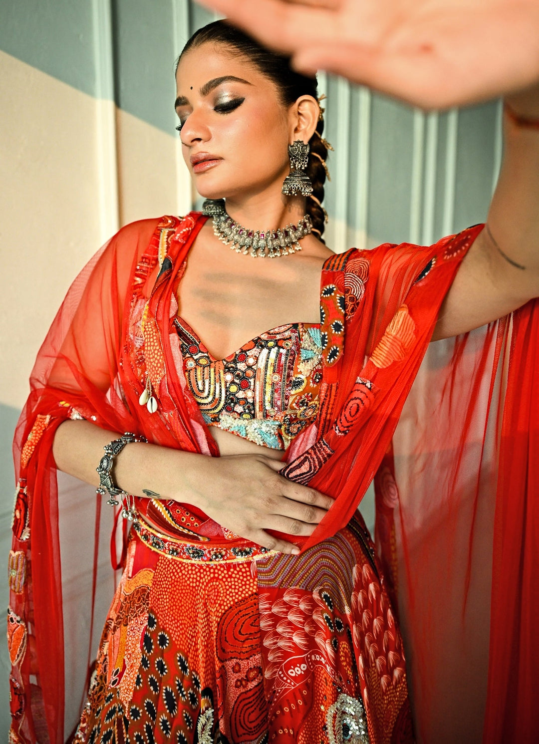 Red Printed Satin Lehenga Set With Sequin - Embroidered Blouse Juhi Bengani - Fabilicious Fashion