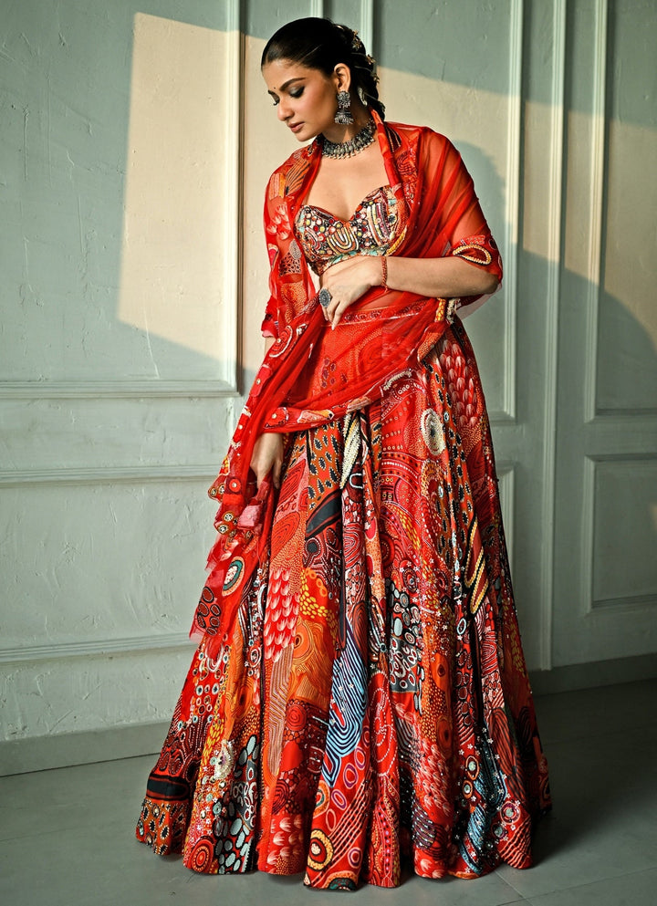 Red Printed Satin Lehenga Set With Sequin - Embroidered Blouse Juhi Bengani - Fabilicious Fashion