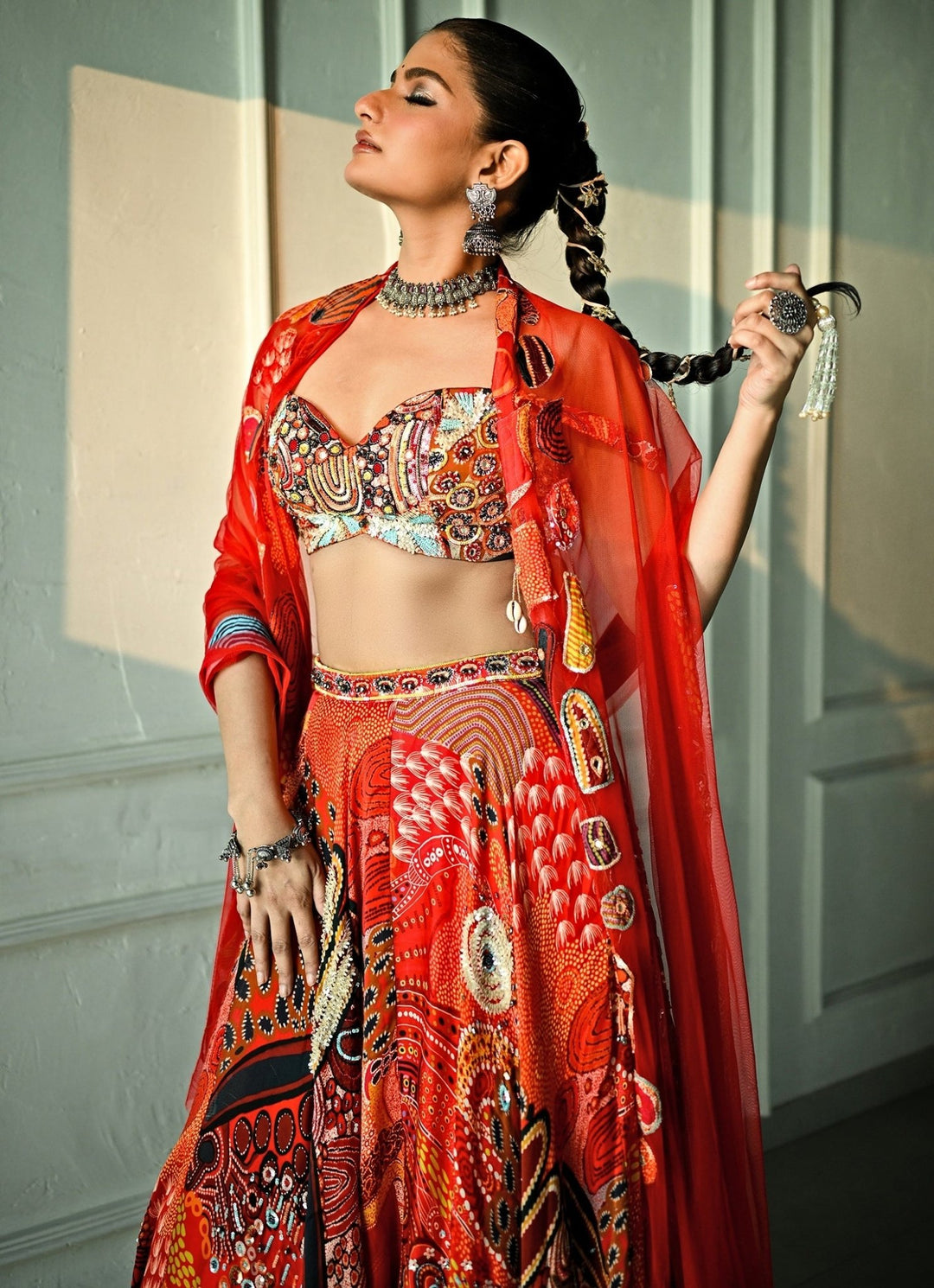 Red Printed Satin Lehenga Set With Sequin - Embroidered Blouse Juhi Bengani - Fabilicious Fashion