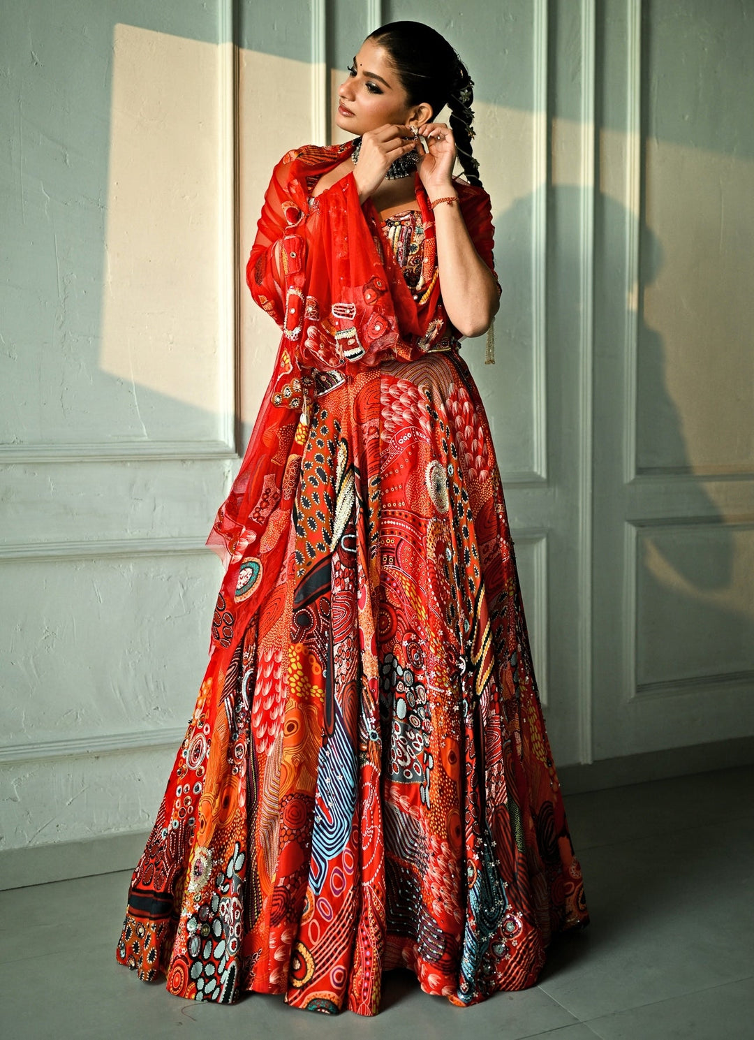 Red Printed Satin Lehenga Set With Sequin - Embroidered Blouse Juhi Bengani - Fabilicious Fashion