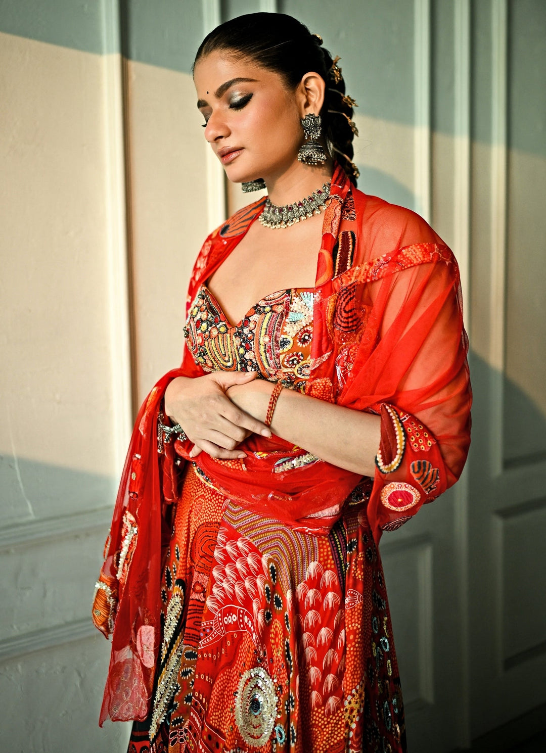 Red Printed Satin Lehenga Set With Sequin - Embroidered Blouse Juhi Bengani - Fabilicious Fashion