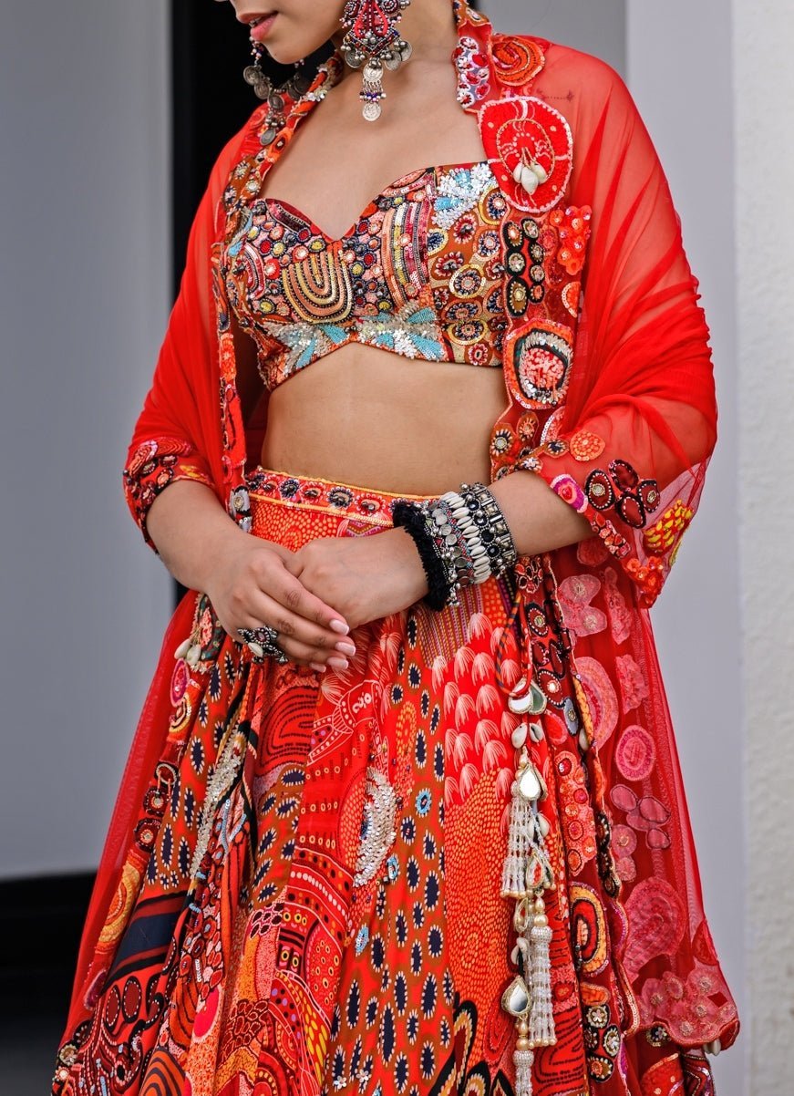 Red Printed Satin Lehenga Set With Sequin - Embroidered Blouse Juhi Bengani - Fabilicious Fashion