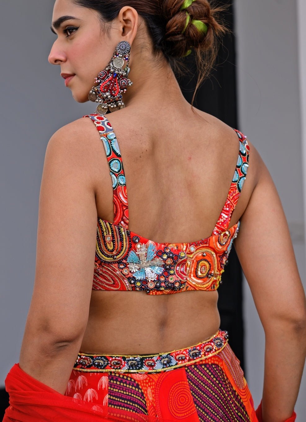 Red Printed Satin Lehenga Set With Sequin - Embroidered Blouse Juhi Bengani - Fabilicious Fashion