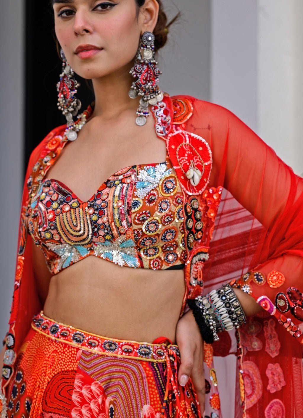 Red Printed Satin Lehenga Set With Sequin - Embroidered Blouse Juhi Bengani - Fabilicious Fashion