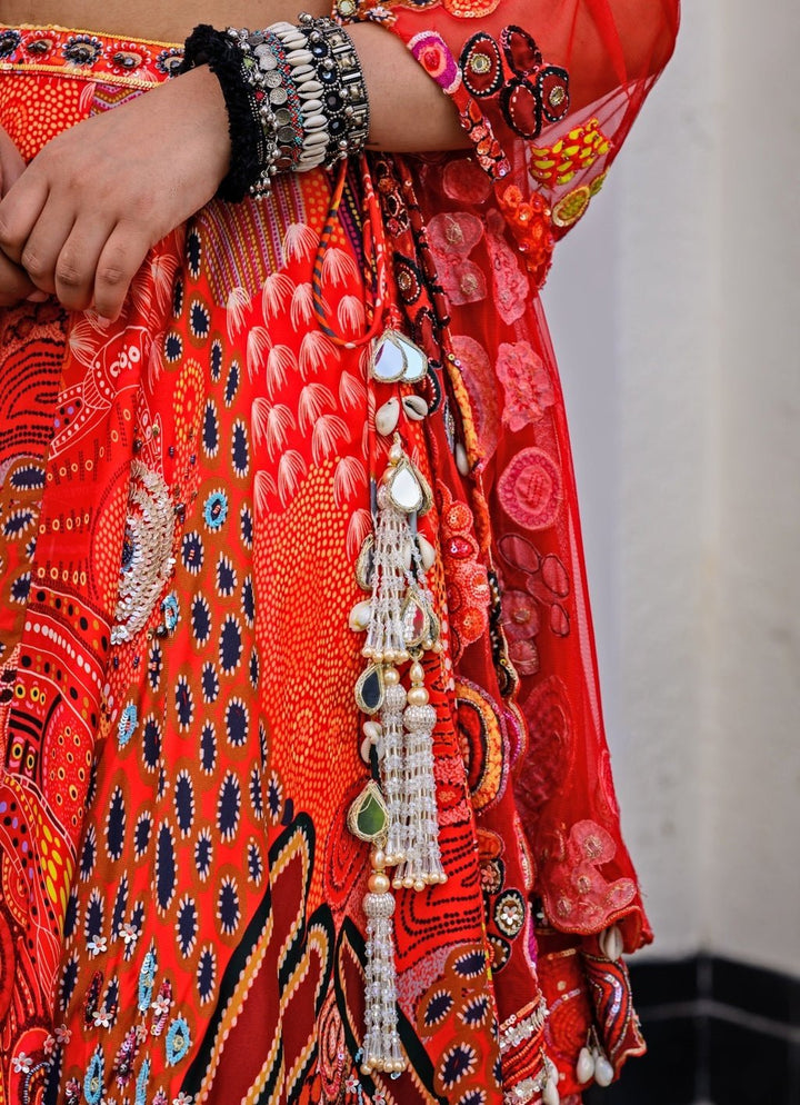 Red Printed Satin Lehenga Set With Sequin - Embroidered Blouse Juhi Bengani - Fabilicious Fashion