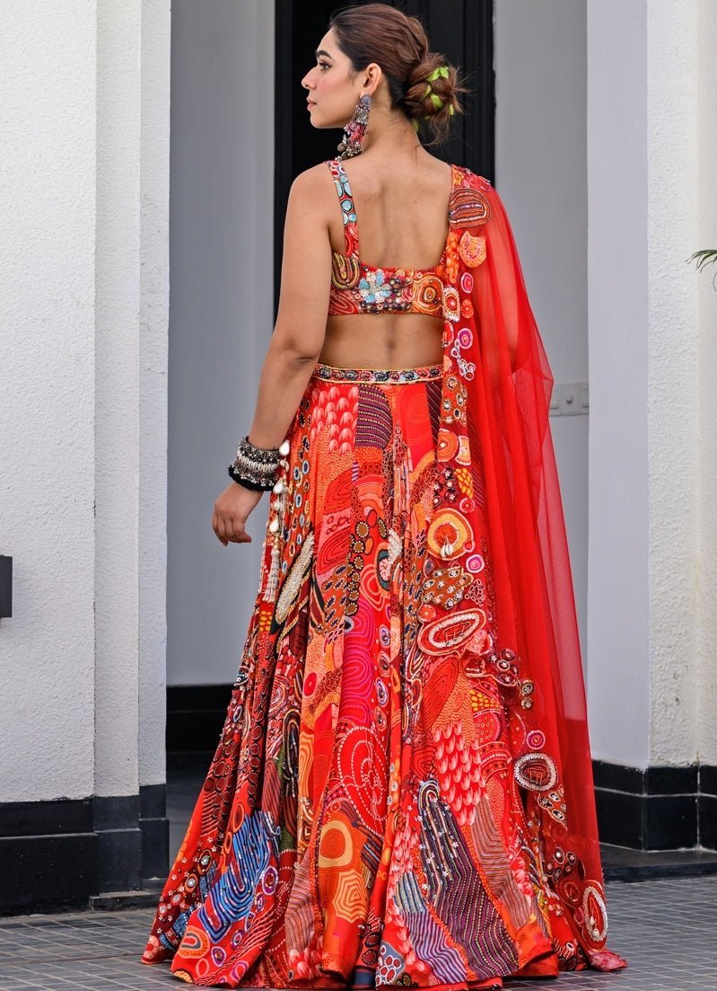 Red Printed Satin Lehenga Set With Sequin - Embroidered Blouse Juhi Bengani - Fabilicious Fashion