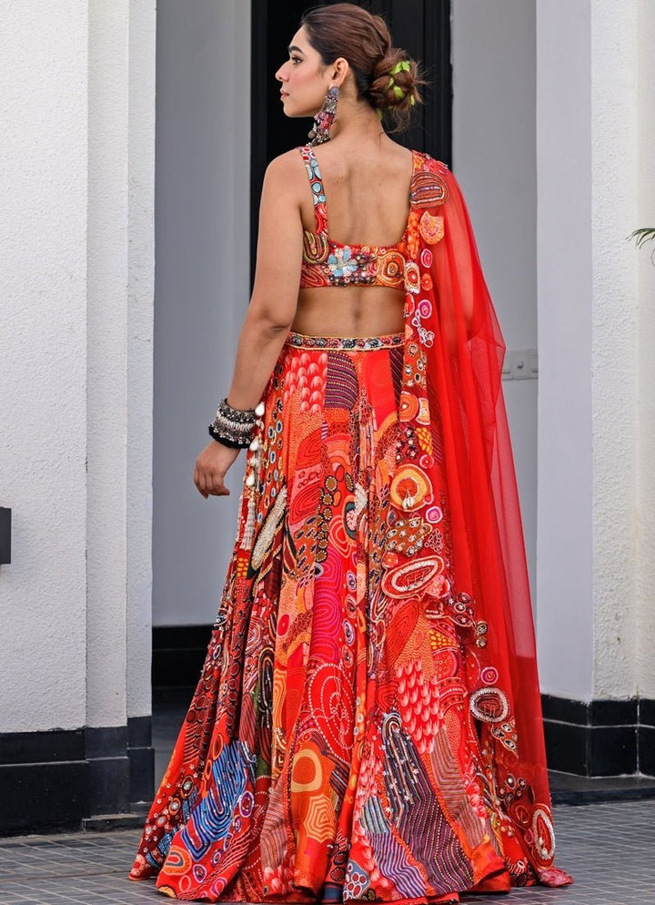Red Printed Satin Lehenga Set With Sequin - Embroidered Blouse Juhi Bengani - Fabilicious Fashion