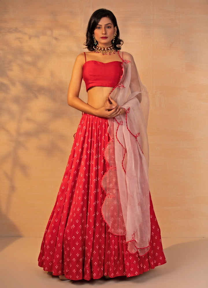 Esha Koul Red Printed Satin Lehenga SetFabilicious Fashion