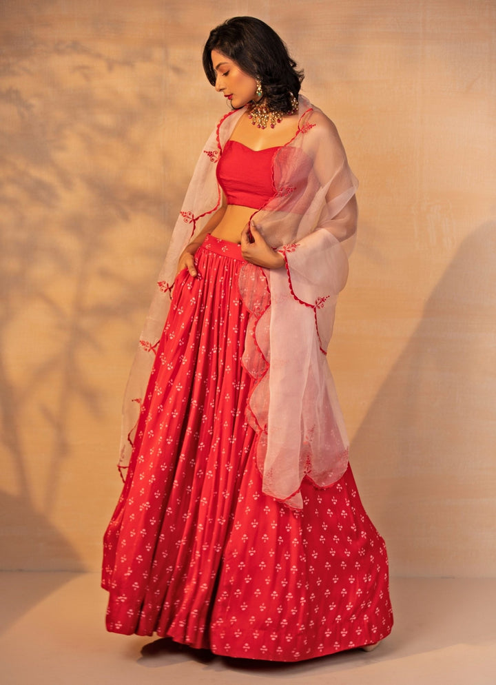 Esha Koul Red Printed Satin Lehenga SetFabilicious Fashion