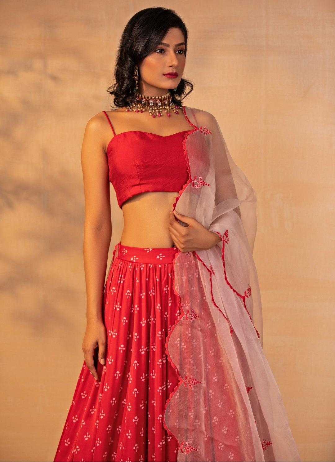 Esha Koul Red Printed Satin Lehenga SetFabilicious Fashion