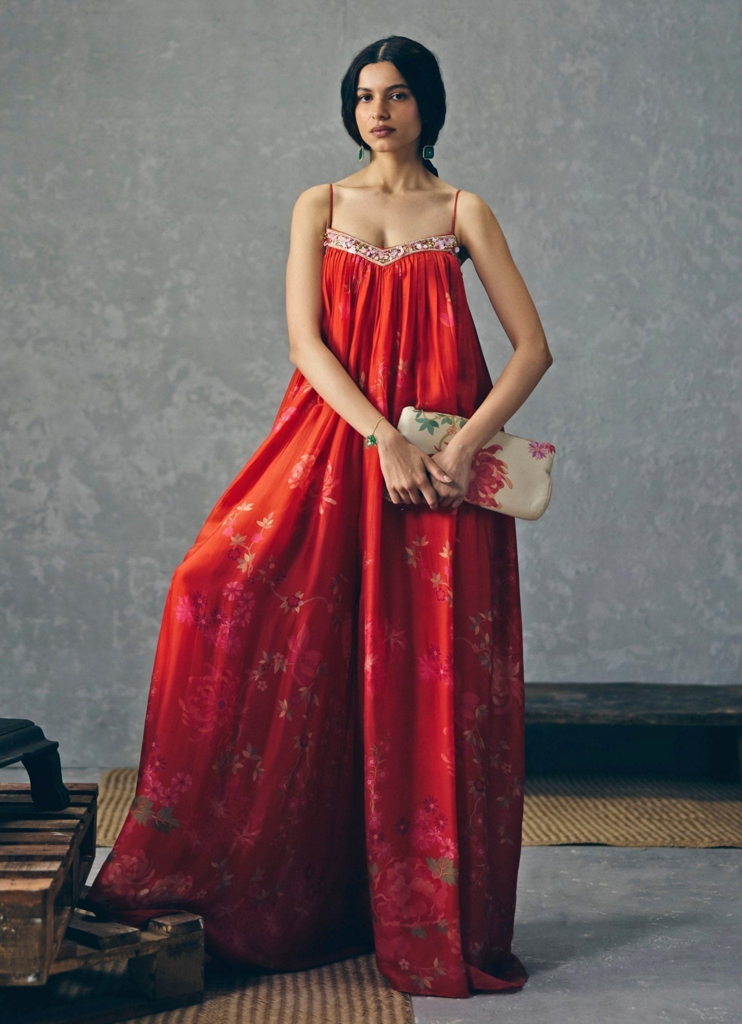 red printed indowestern jumpsuit resort wedding guest outfit