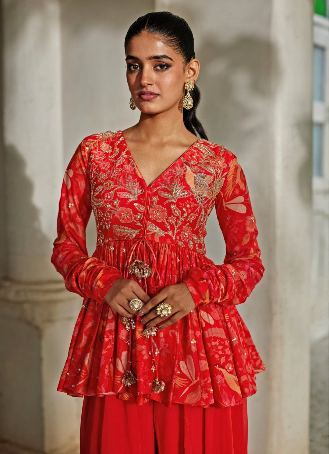 Red Printed Silk Blend Peplum Palazzo Set Paulmi and Harsh - Fabilicious Fashion