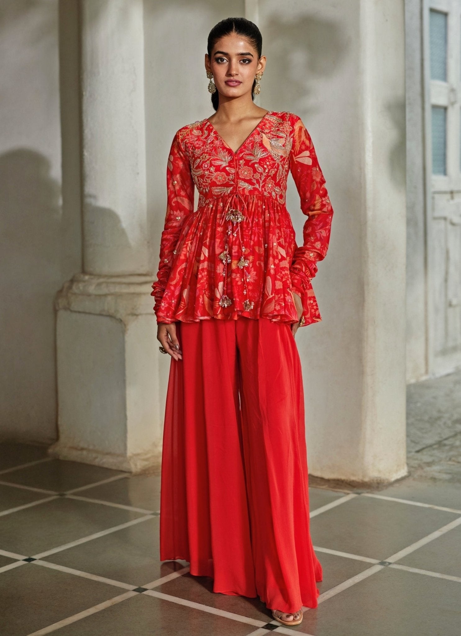 Paulmi and Harsh — Red Printed Silk Blend Peplum Palazzo Set