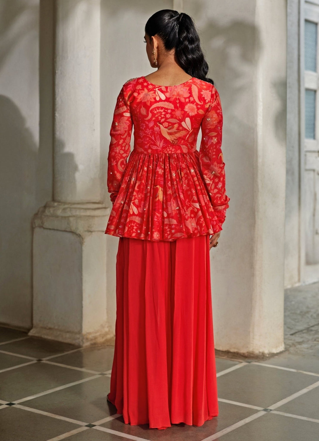 Red Printed Silk Blend Peplum Palazzo Set Paulmi and Harsh - Fabilicious Fashion