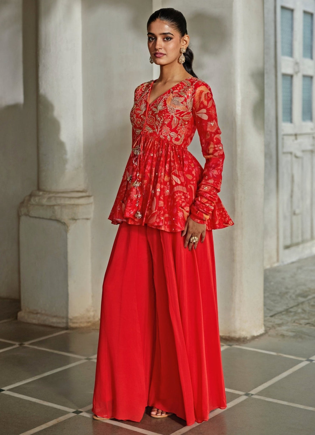 Red Printed Silk Blend Peplum Palazzo Set Paulmi and Harsh - Fabilicious Fashion