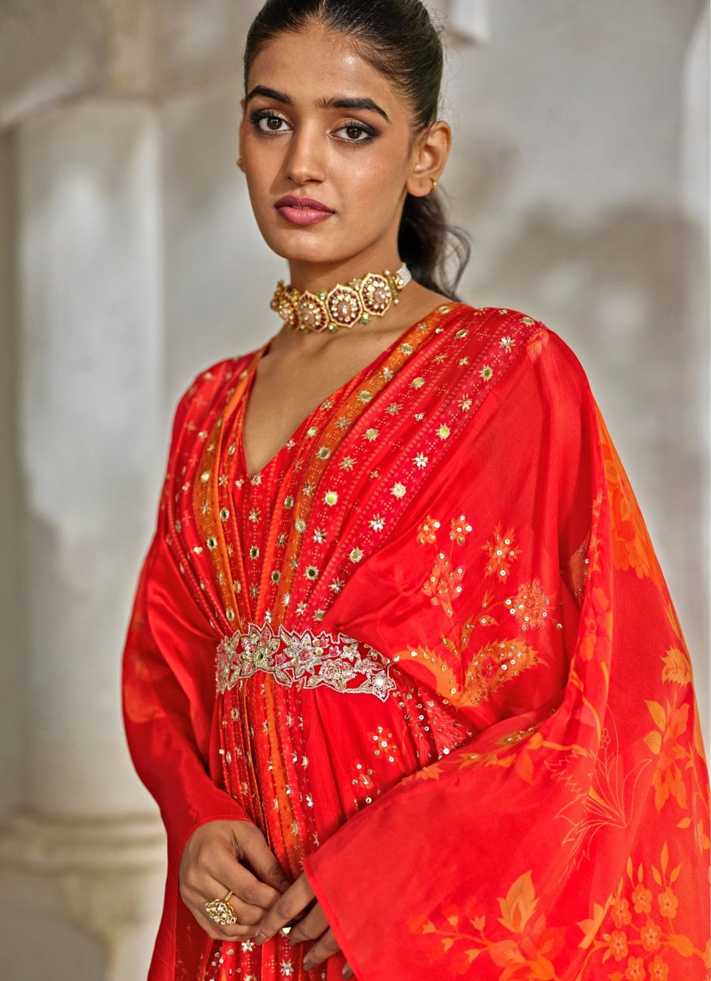 Red Printed Silk Organza Kaftan Set Paulmi and Harsh - Fabilicious Fashion