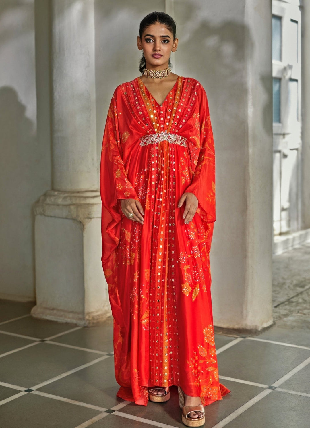 Red Printed Silk Organza Kaftan Set Paulmi and Harsh - Fabilicious Fashion
