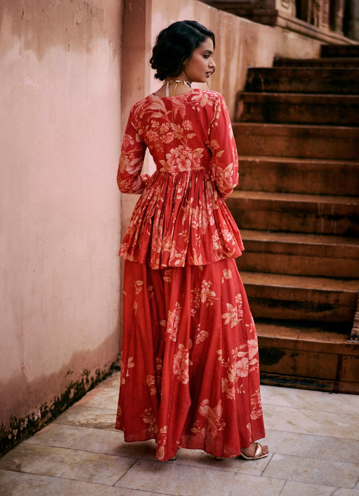 Red Printed Silk Peplum Kurta Palazzo Set Paulmi and Harsh - Fabilicious Fashion