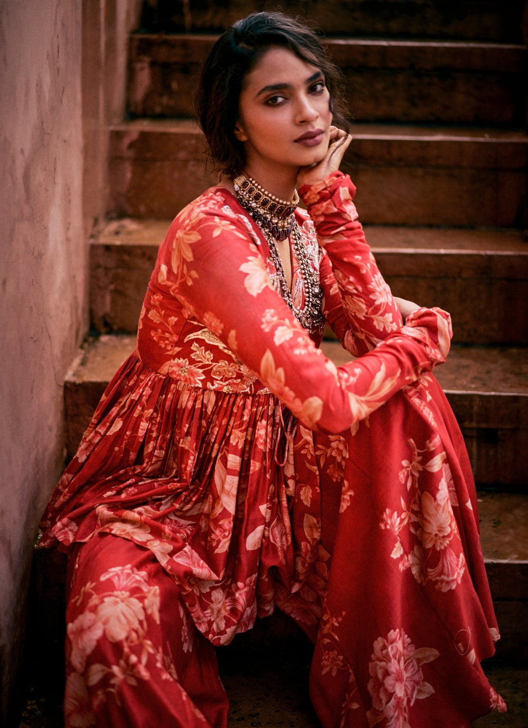 Red Printed Silk Peplum Kurta Palazzo Set Paulmi and Harsh - Fabilicious Fashion