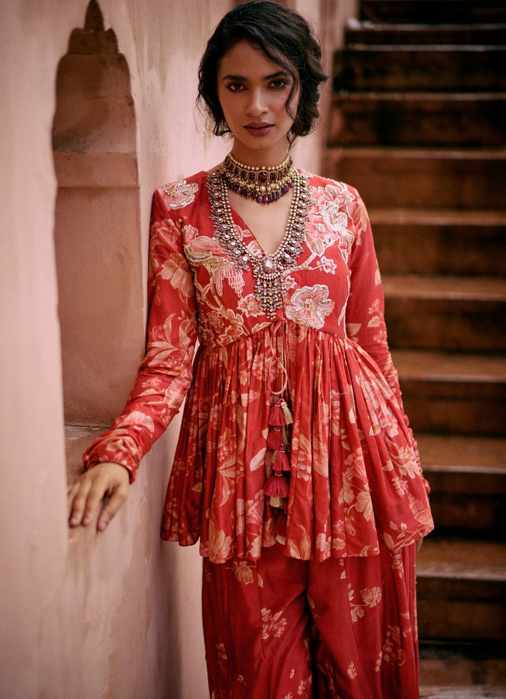 Red Printed Silk Peplum Kurta Palazzo Set Paulmi and Harsh - Fabilicious Fashion