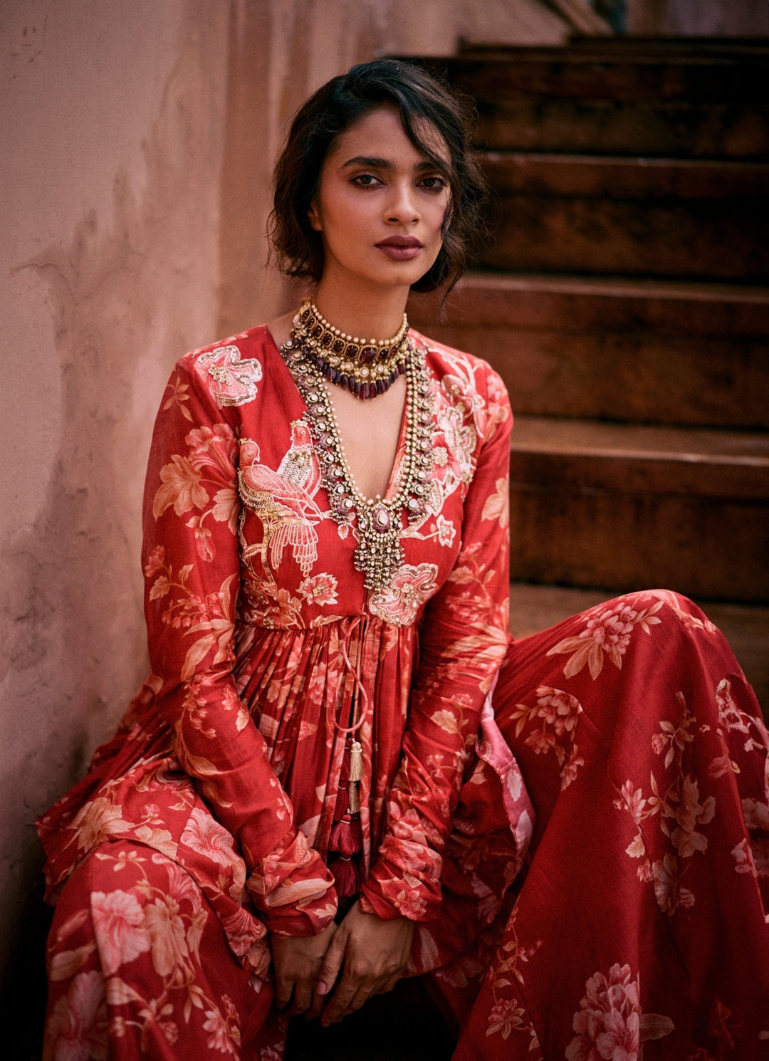 Red Printed Silk Peplum Kurta Palazzo Set Paulmi and Harsh - Fabilicious Fashion