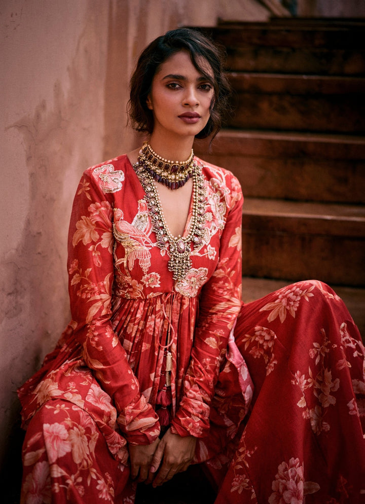 Red Printed Silk Peplum Kurta Palazzo Set Paulmi and Harsh - Fabilicious Fashion