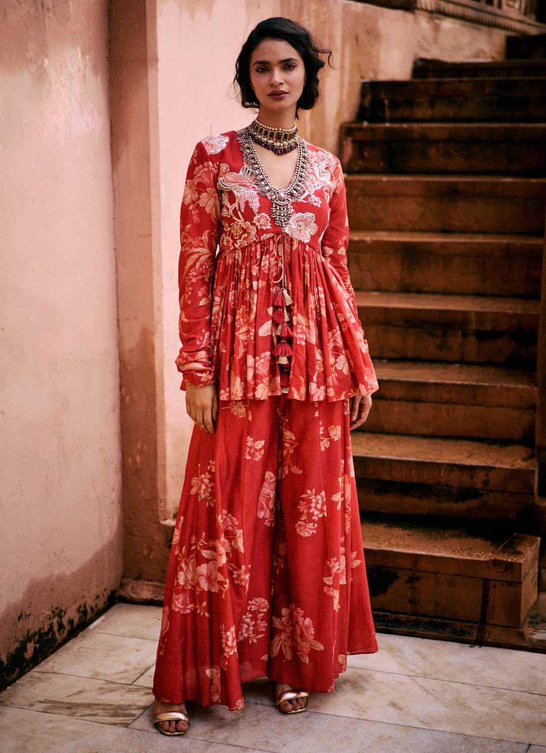 Red Printed Silk Peplum Kurta Palazzo Set Paulmi and Harsh - Fabilicious Fashion
