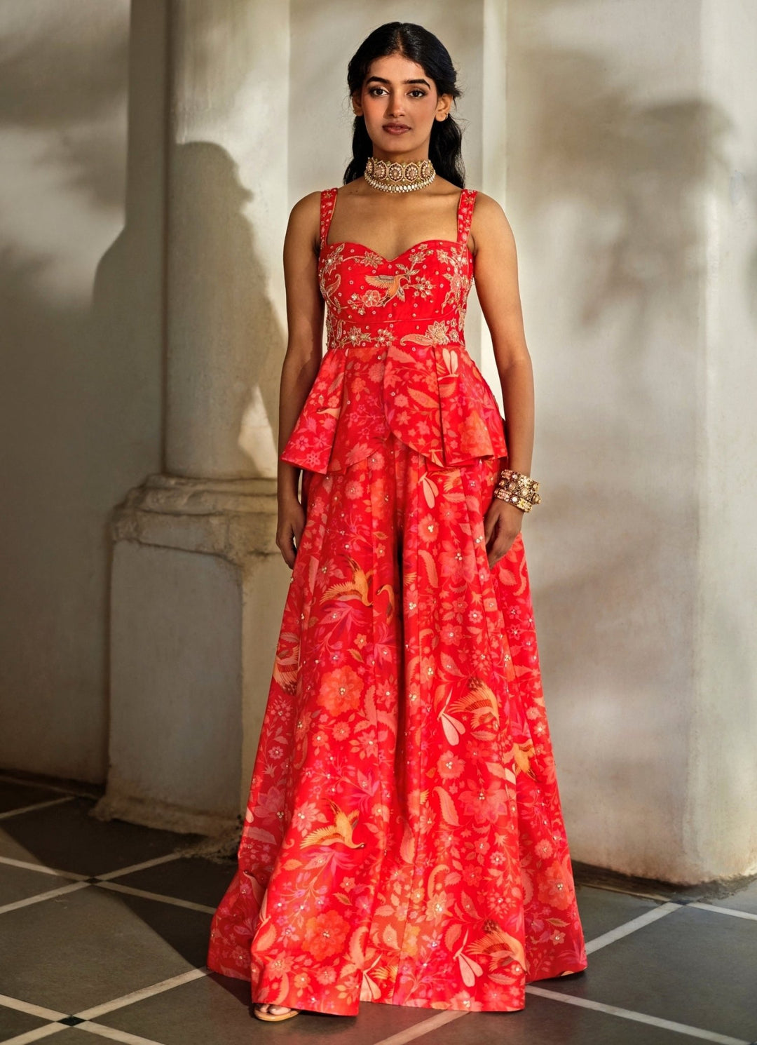 Red Printed Silk Peplum Top With Palazzo Set Paulmi and Harsh - Fabilicious Fashion