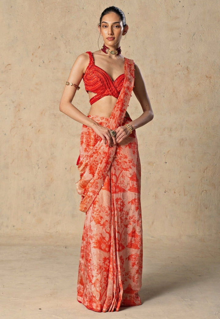 Basil Leaf Red Printed Tissue Pre-Draped SareeFabilicious Fashion