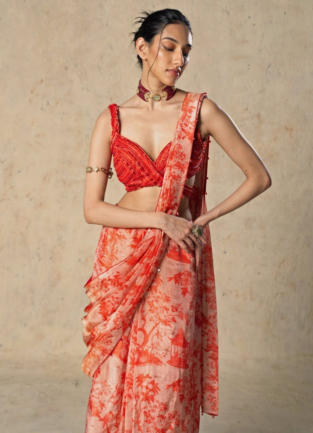 Basil Leaf Red Printed Tissue Pre-Draped SareeFabilicious Fashion
