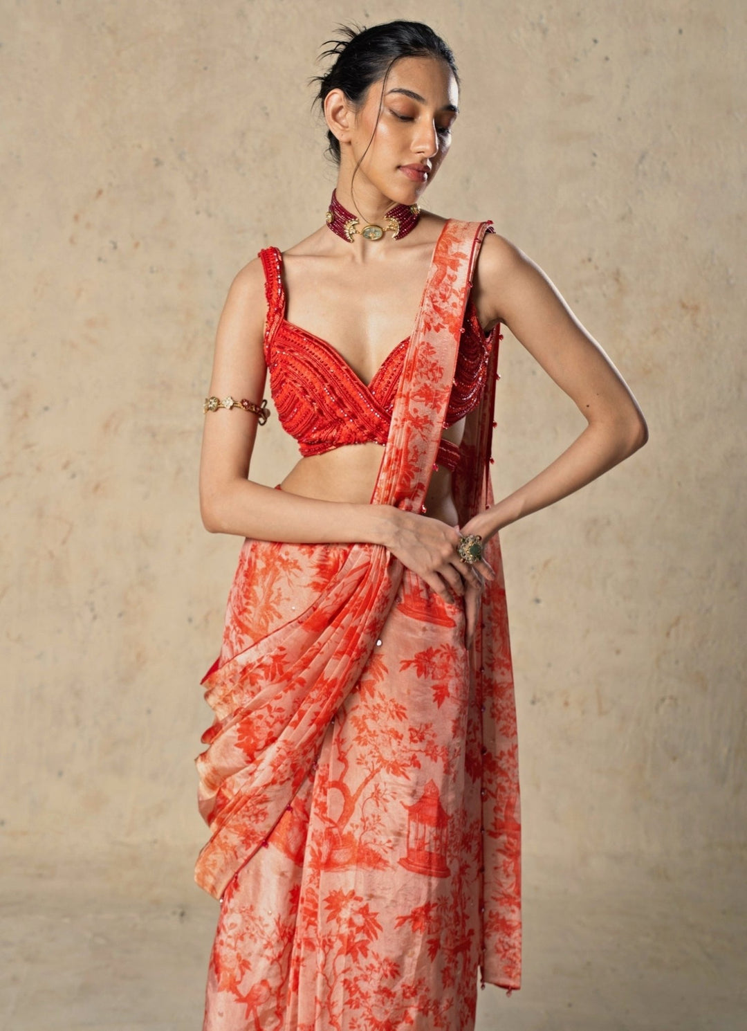 Basil Leaf Red Printed Tissue Pre-Draped SareeFabilicious Fashion