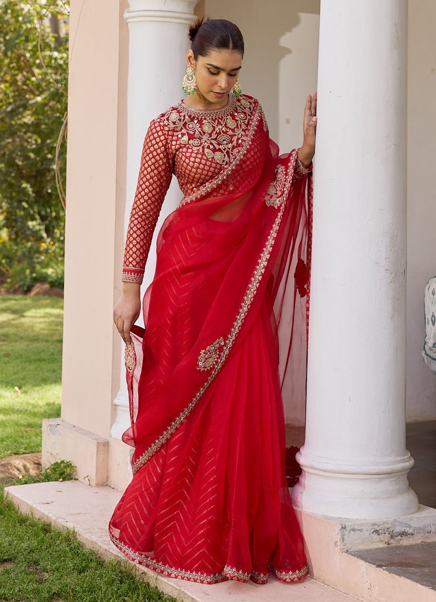Red Pure Organza Saree With Embroidered Blouse Isha Gupta Tayal - Fabilicious Fashion