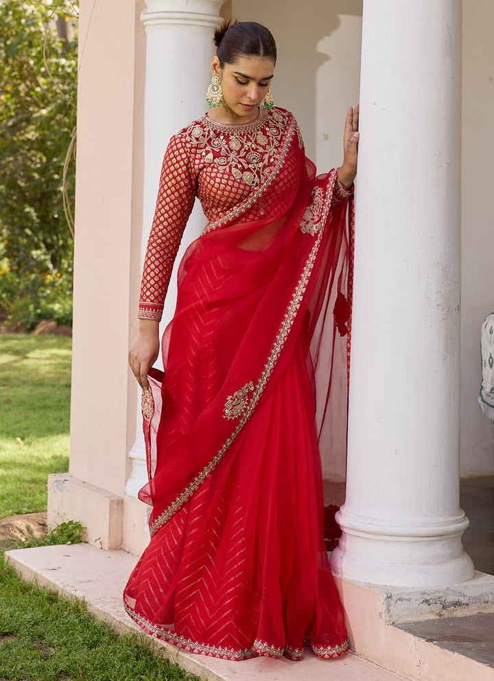 Red Pure Organza Saree With Embroidered Blouse Isha Gupta Tayal - Fabilicious Fashion