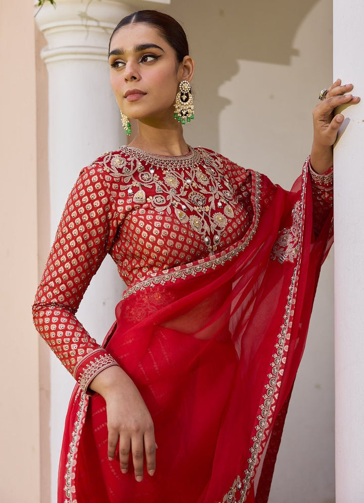 Red Pure Organza Saree With Embroidered Blouse Isha Gupta Tayal - Fabilicious Fashion