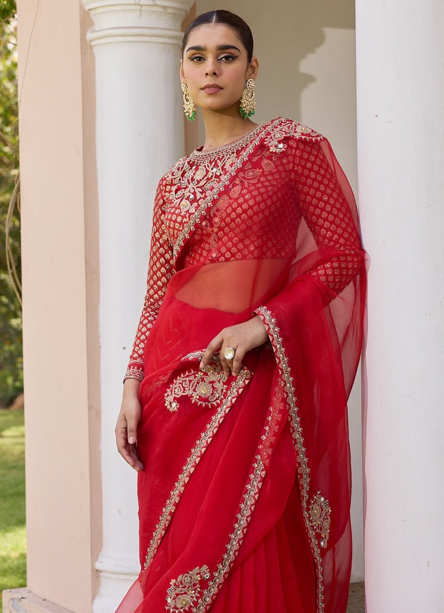 Red Pure Organza Saree With Embroidered Blouse Isha Gupta Tayal - Fabilicious Fashion