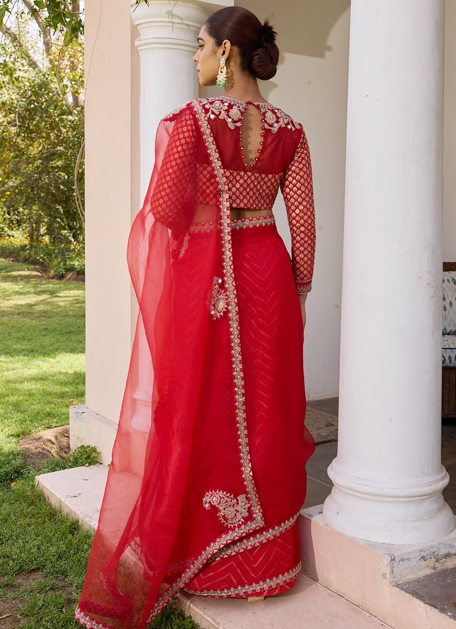 Red Pure Organza Saree With Embroidered Blouse Isha Gupta Tayal - Fabilicious Fashion