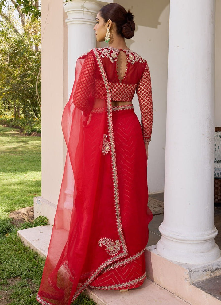 Red Pure Organza Saree With Embroidered Blouse Isha Gupta Tayal - Fabilicious Fashion