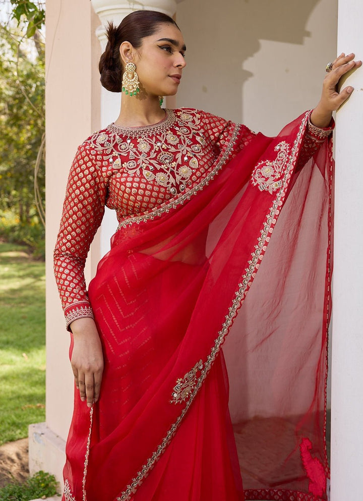 Red Pure Organza Saree With Embroidered Blouse Isha Gupta Tayal - Fabilicious Fashion