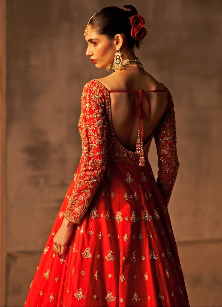 Red Raw Silk Anarkali Set Angad Singh - Fabilicious Fashion