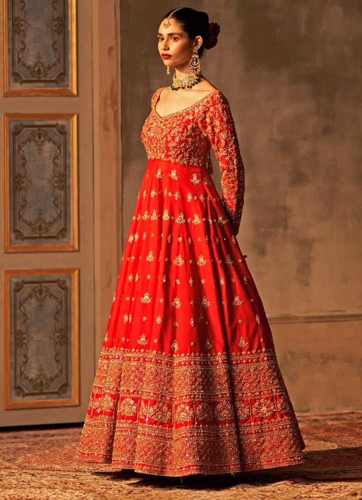 Red Raw Silk Anarkali Set Angad Singh - Fabilicious Fashion
