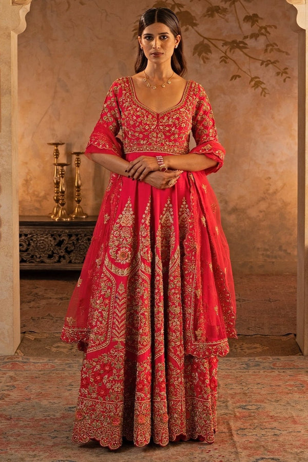 Angad Singh red raw silk anarkali set for mother of the groom on the wedding day