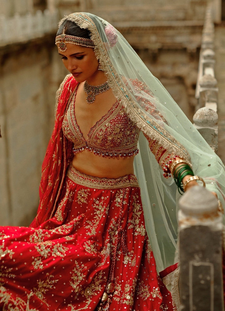 Red Raw Silk Bridal Lehenga Set Nitika Gujral - Fabilicious Fashion