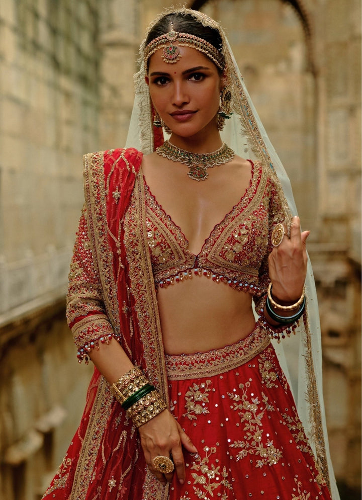 Red Raw Silk Bridal Lehenga Set Nitika Gujral - Fabilicious Fashion