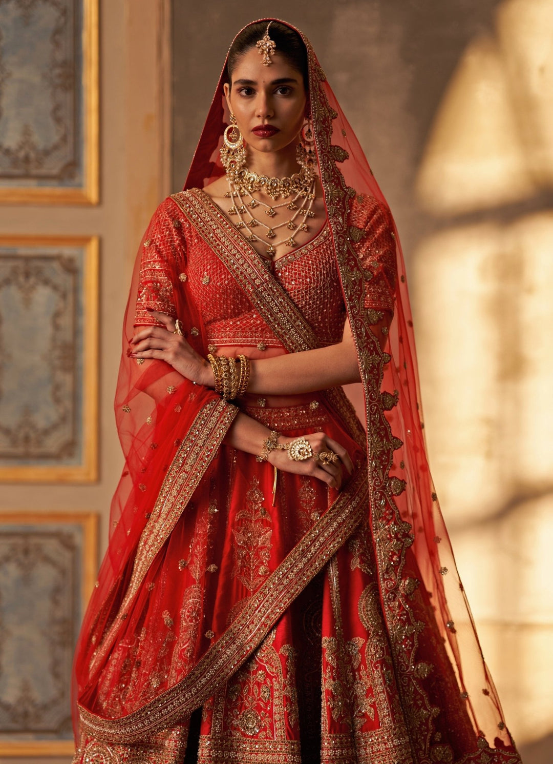 Red Raw Silk Double Dupatta Bridal Lehenga Set Angad Singh - Fabilicious Fashion