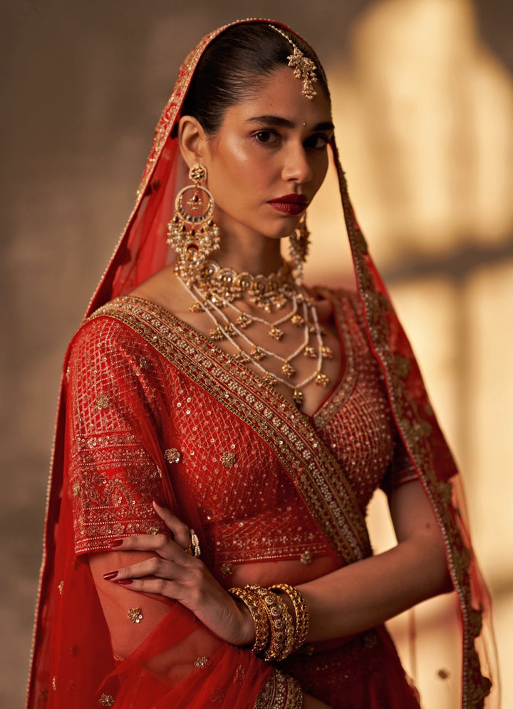 Red Raw Silk Double Dupatta Bridal Lehenga Set Angad Singh - Fabilicious Fashion
